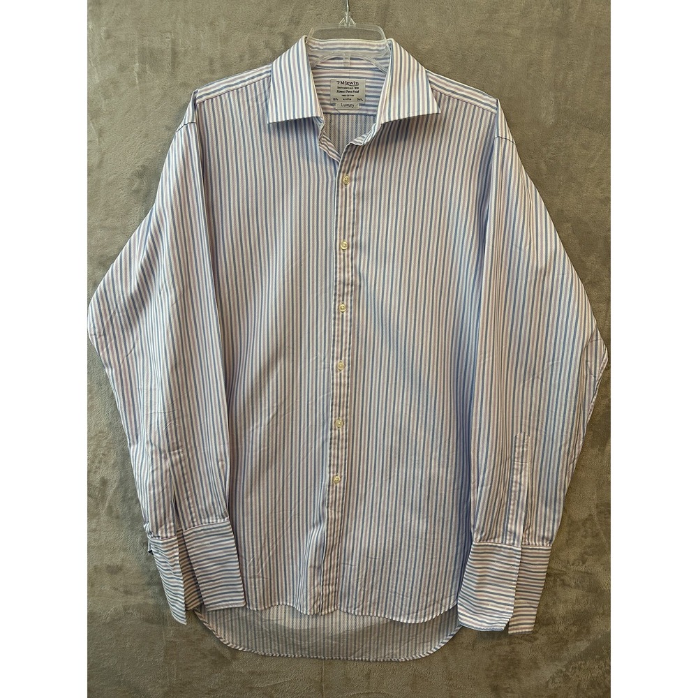 T.M. Lewin Shirt Mens 16.5 34.5‎ Blue Pink White Stripe Luxury Cotton Button Up